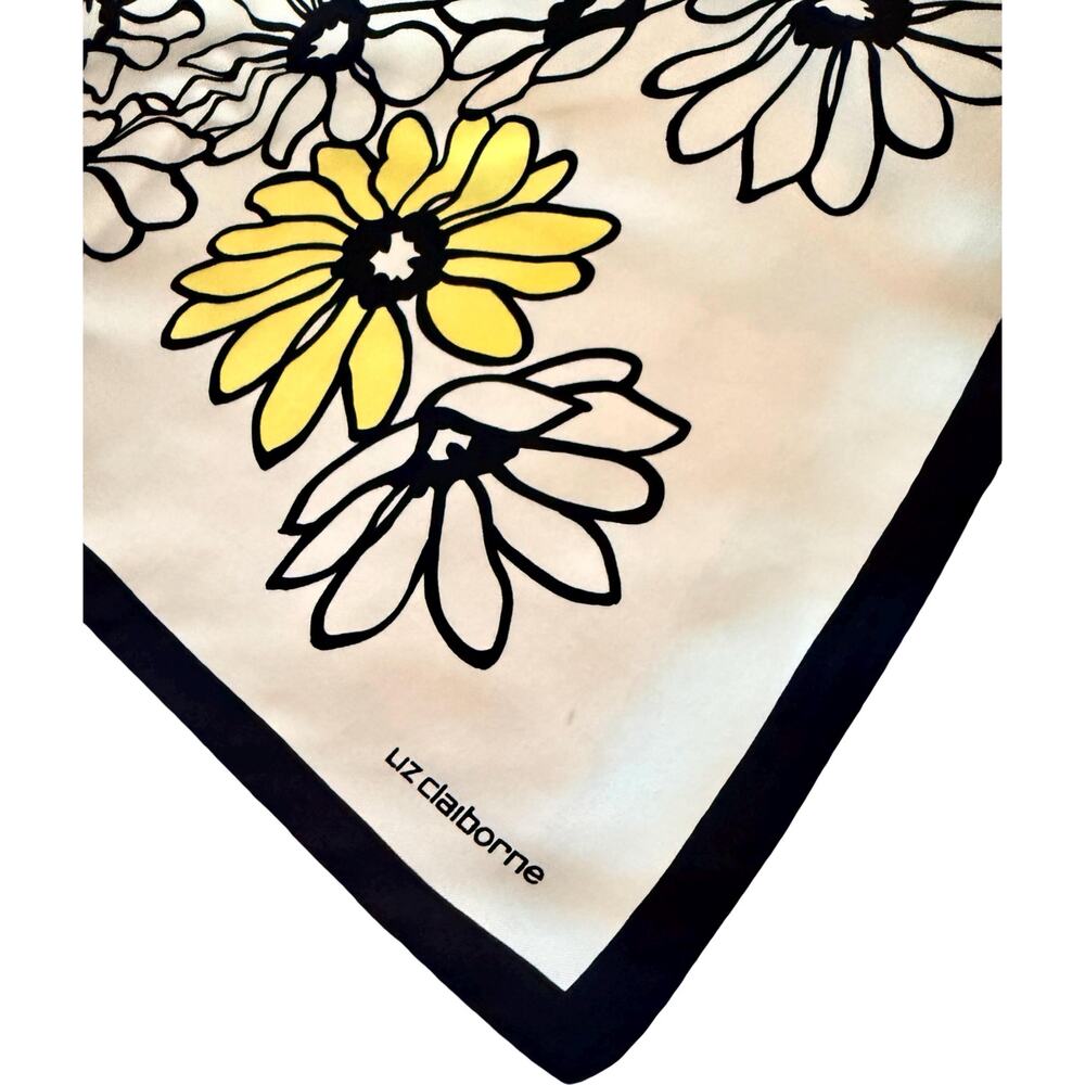 Vintage Liz Claiborne 90s Silk Daisy Print Scarf Black White Yellow 26 Inch - Picture 6 of 14
